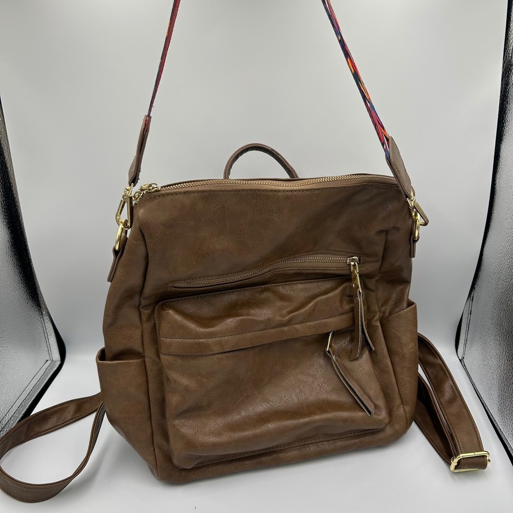 Unbranded Backpack Purse‎ Womens Medium Brown Faux Leather Guitar Strap Boho